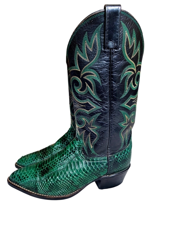Dan Post Shoes - Dan Post Emerald Green Snakeskin Embossed Cowgirl Western Boots 8  Vintage